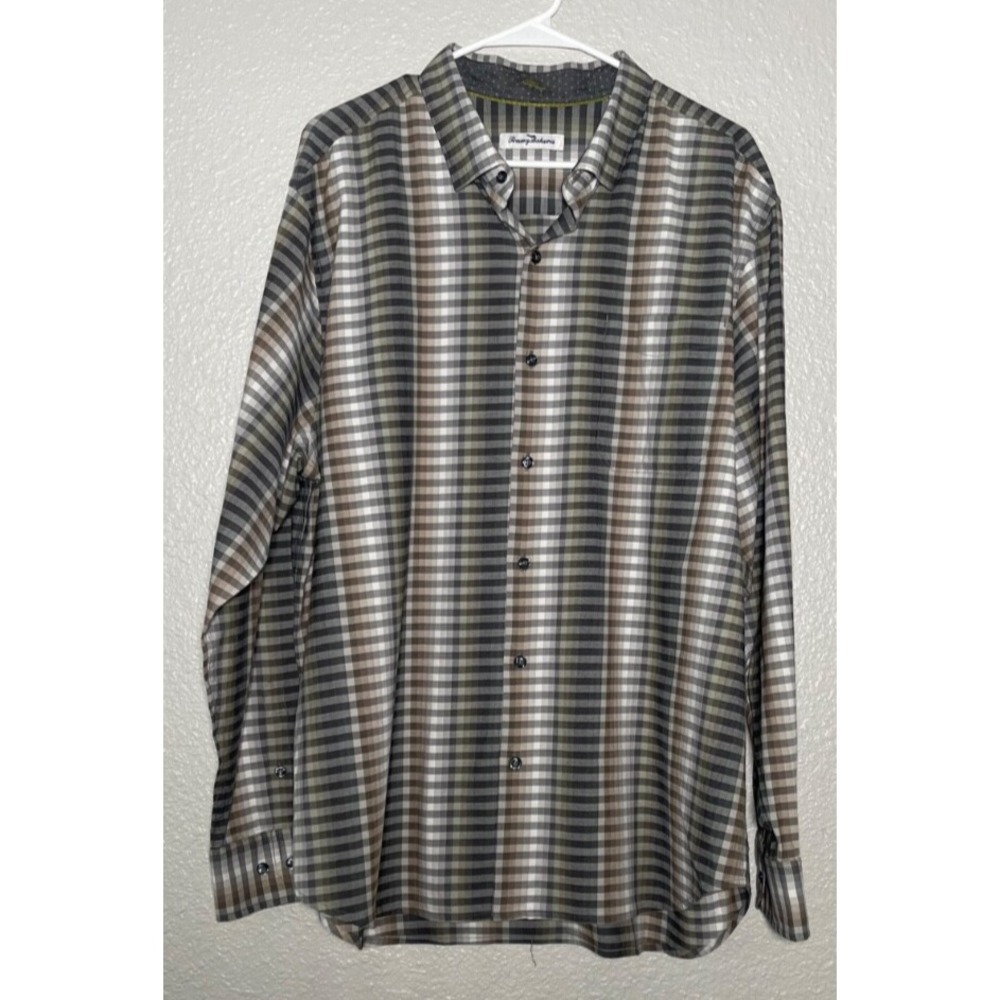 Tommy Bahama Button Up Shirt Men's XL Gray Plaid‎ Long Sleeve Collared